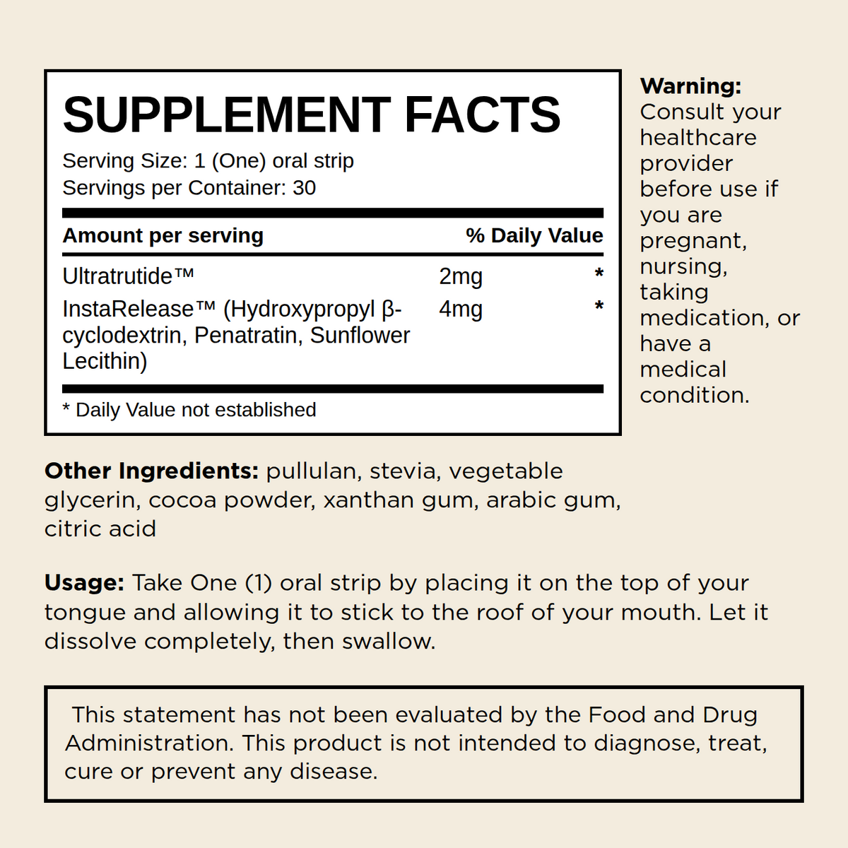 Back of the Ultratrutide box showing supplement facts and usage directions