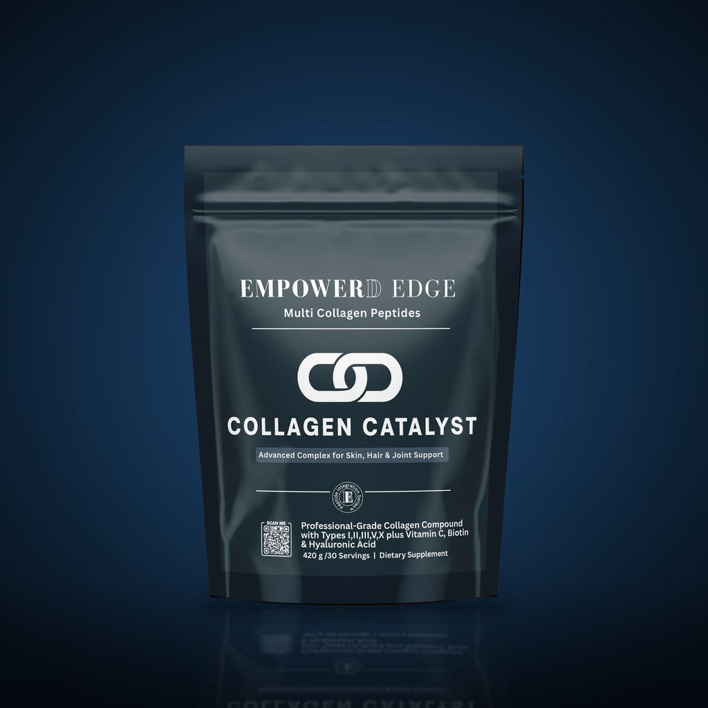 Collagen Catalyst pouch on deep navy studio background