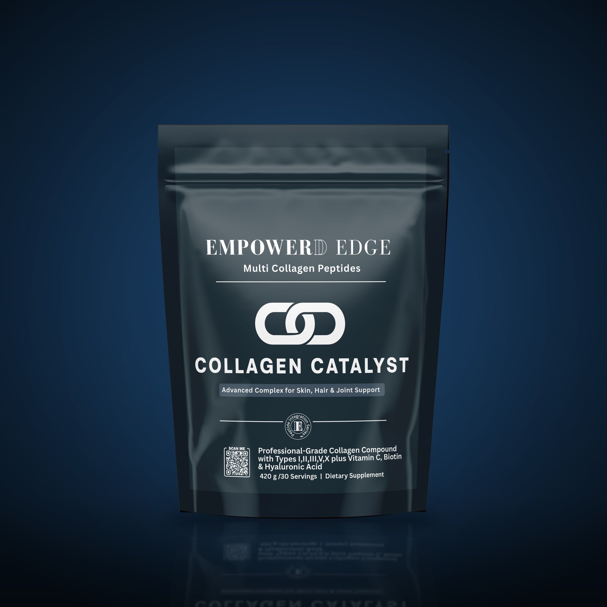 Collagen Catalyst pouch on deep navy studio background