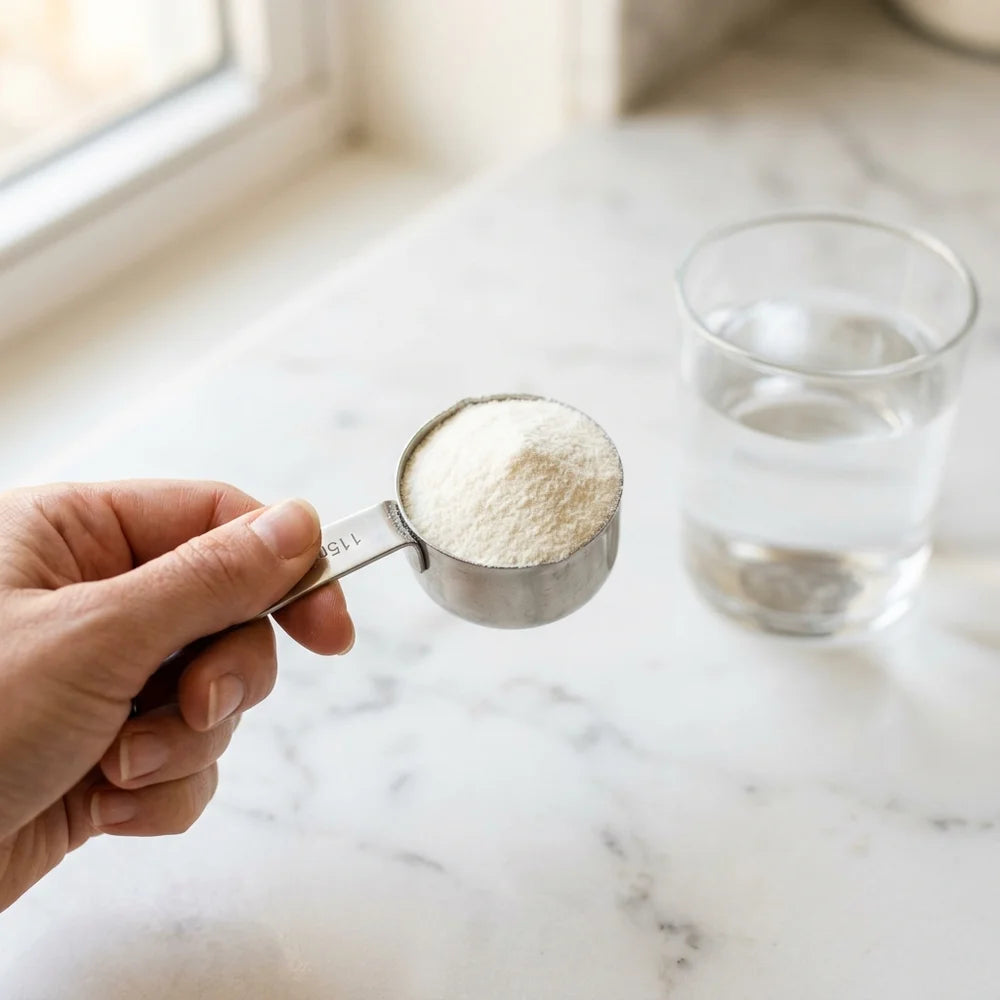 Person holding a measuring scoop showing the pure collagen peptide powder