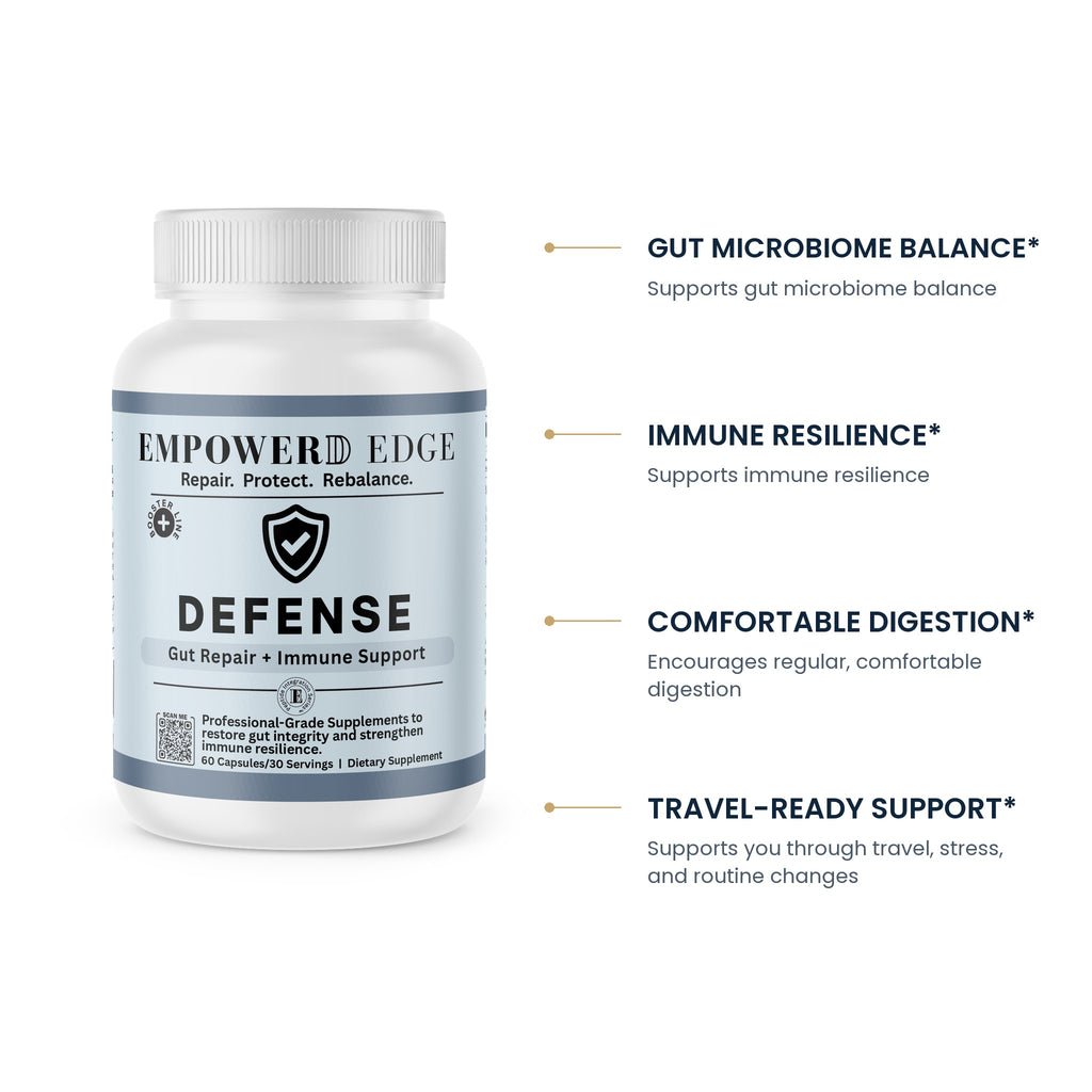 DEFENSE key benefits: gut microbiome balance, immune resilience, comfortable digestion, travel-ready support