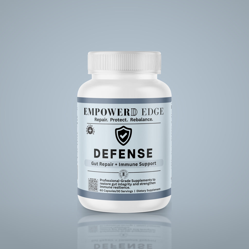 DEFENSE bottle on light blue studio background
