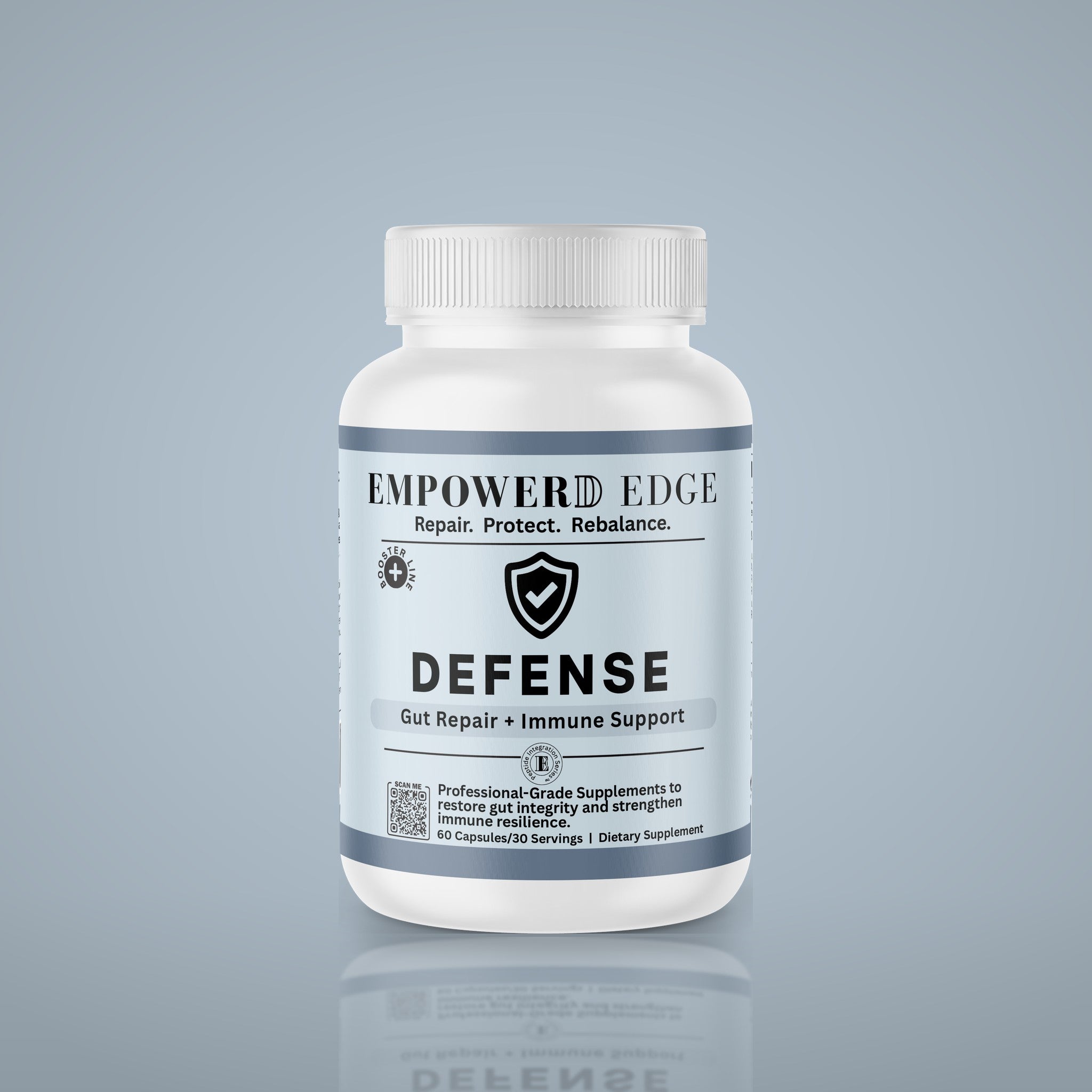 DEFENSE bottle on light blue studio background