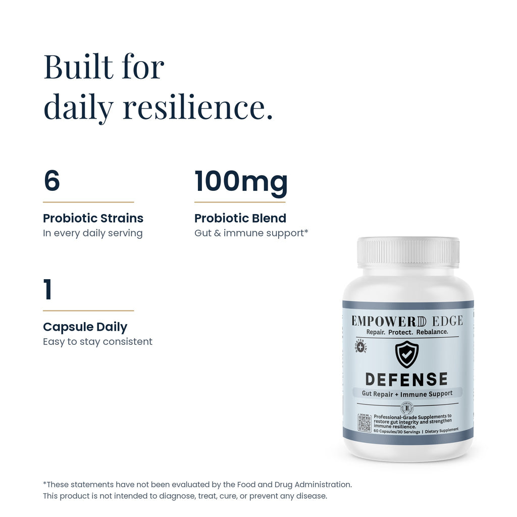 DEFENSE label facts: 6 probiotic strains, 100mg probiotic blend, 1 capsule daily