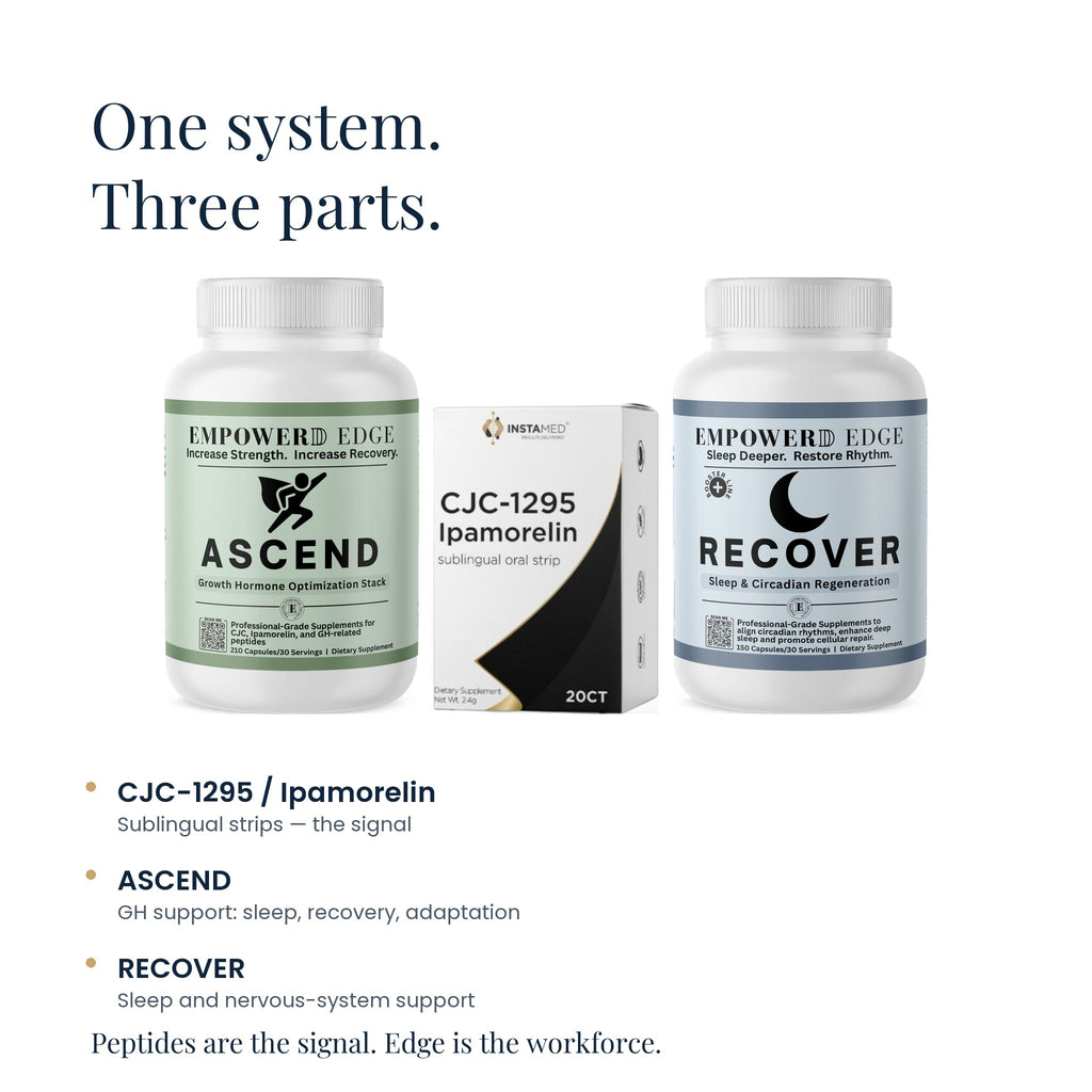 Edge Sleep & Recovery: one system, three parts — CJC-1295/Ipamorelin strips, ASCEND, RECOVER