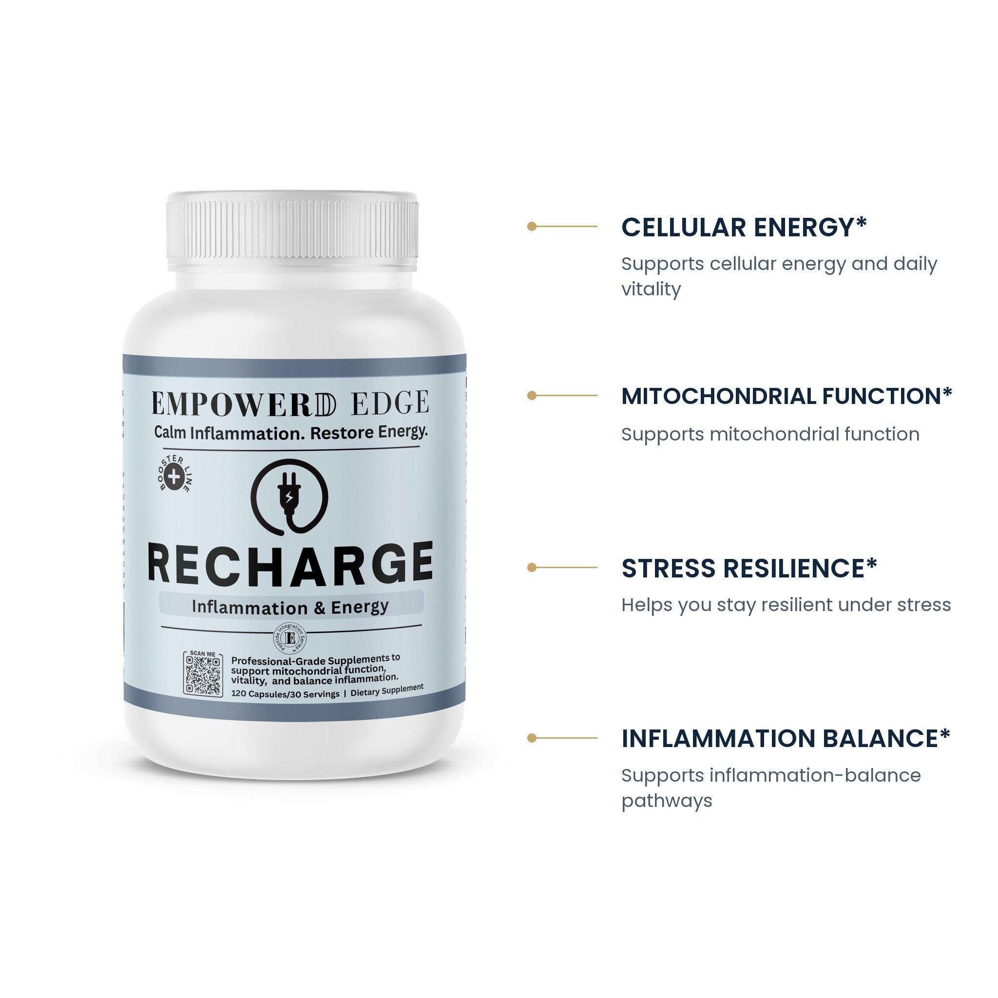 RECHARGE key benefits: cellular energy, mitochondrial function, stress resilience, inflammation balance