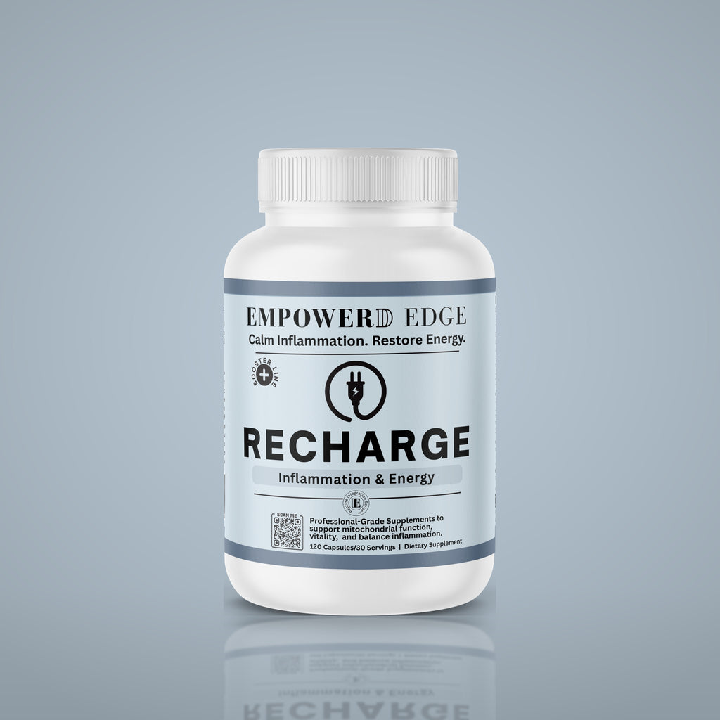 RECHARGE bottle on light blue studio background