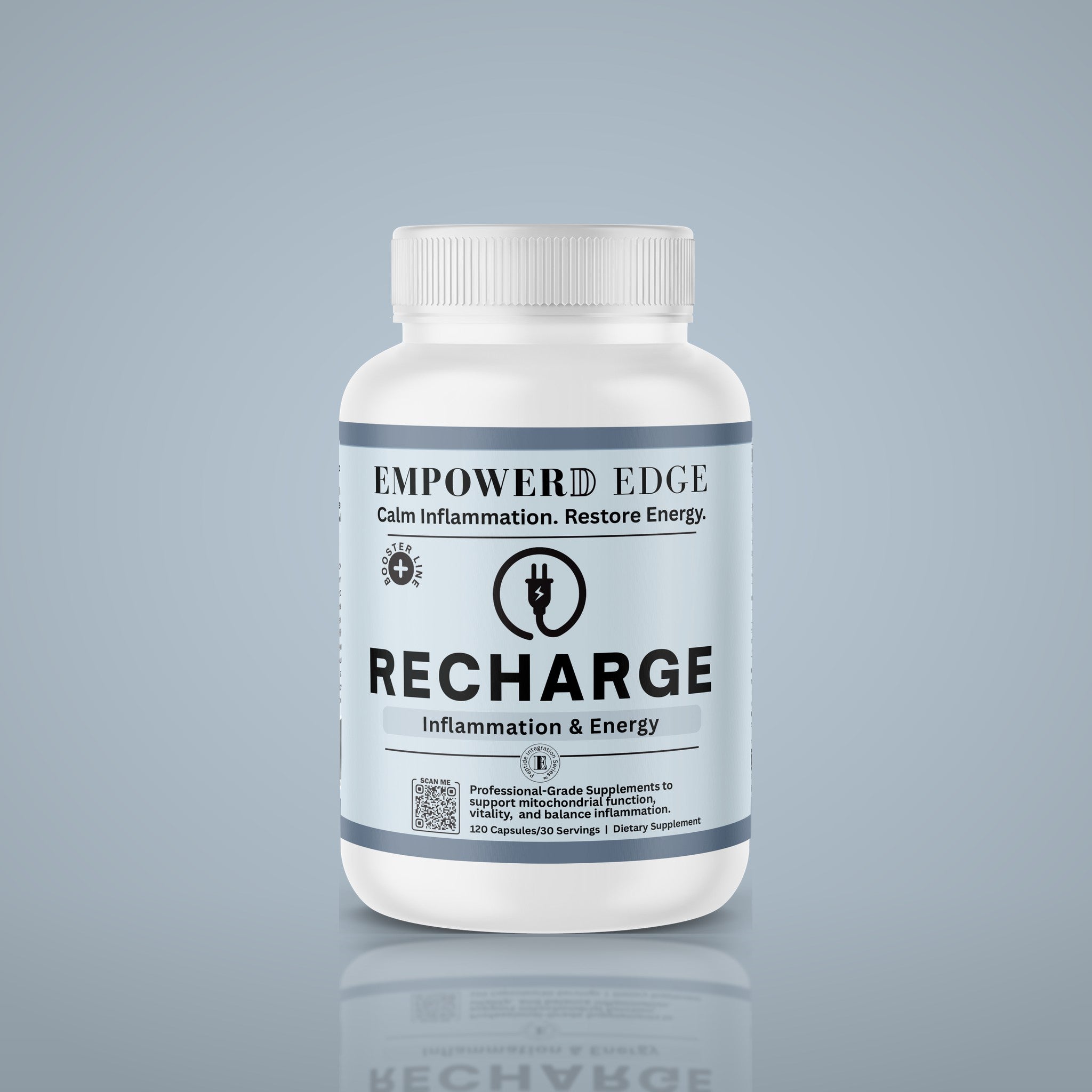 RECHARGE bottle on light blue studio background