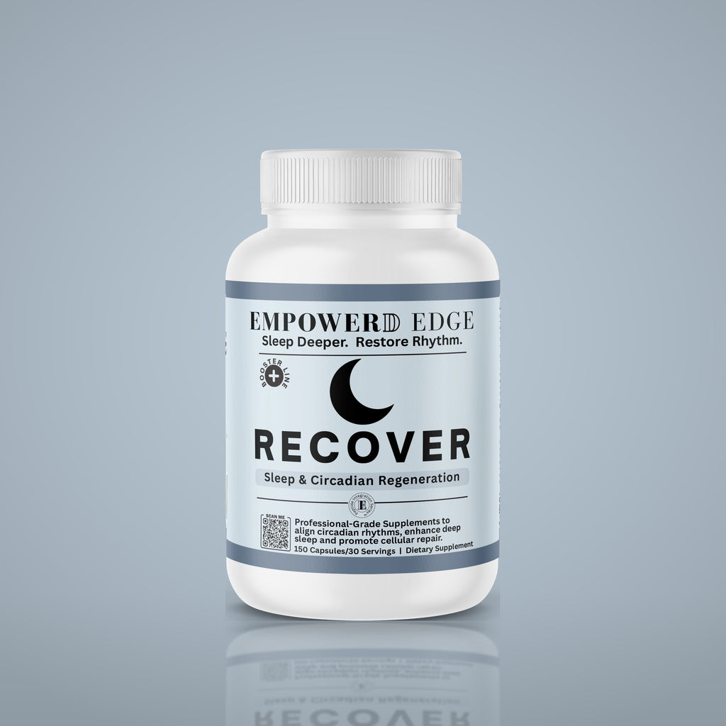 RECOVER bottle on light blue studio background