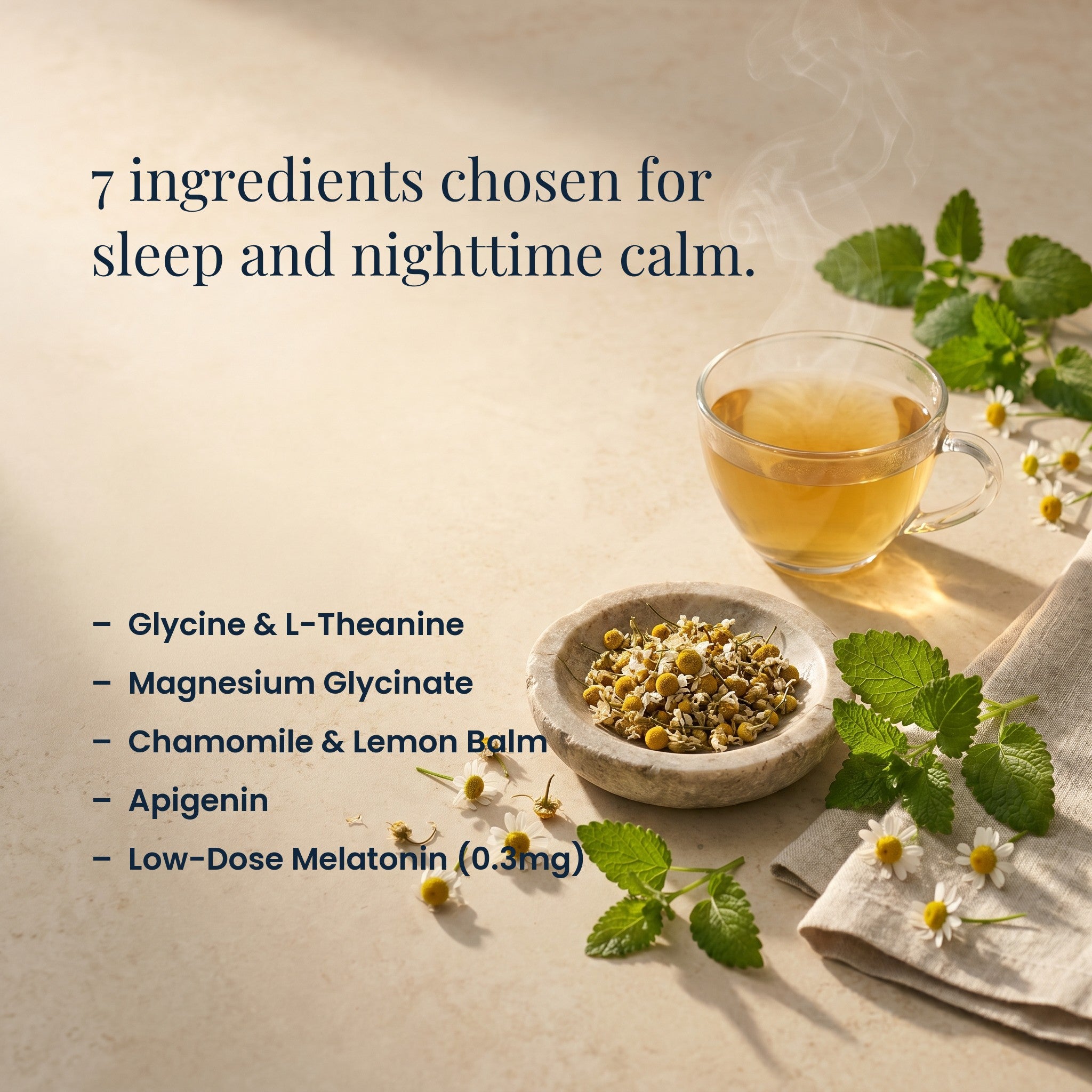 7 ingredients chosen for sleep and nighttime calm