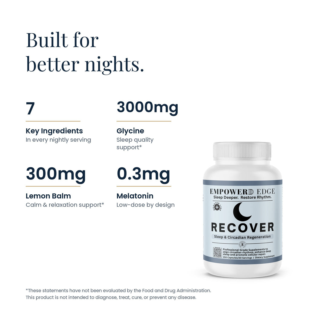 RECOVER label facts: 7 key ingredients, 3000mg Glycine, 300mg Lemon Balm, 0.3mg Melatonin
