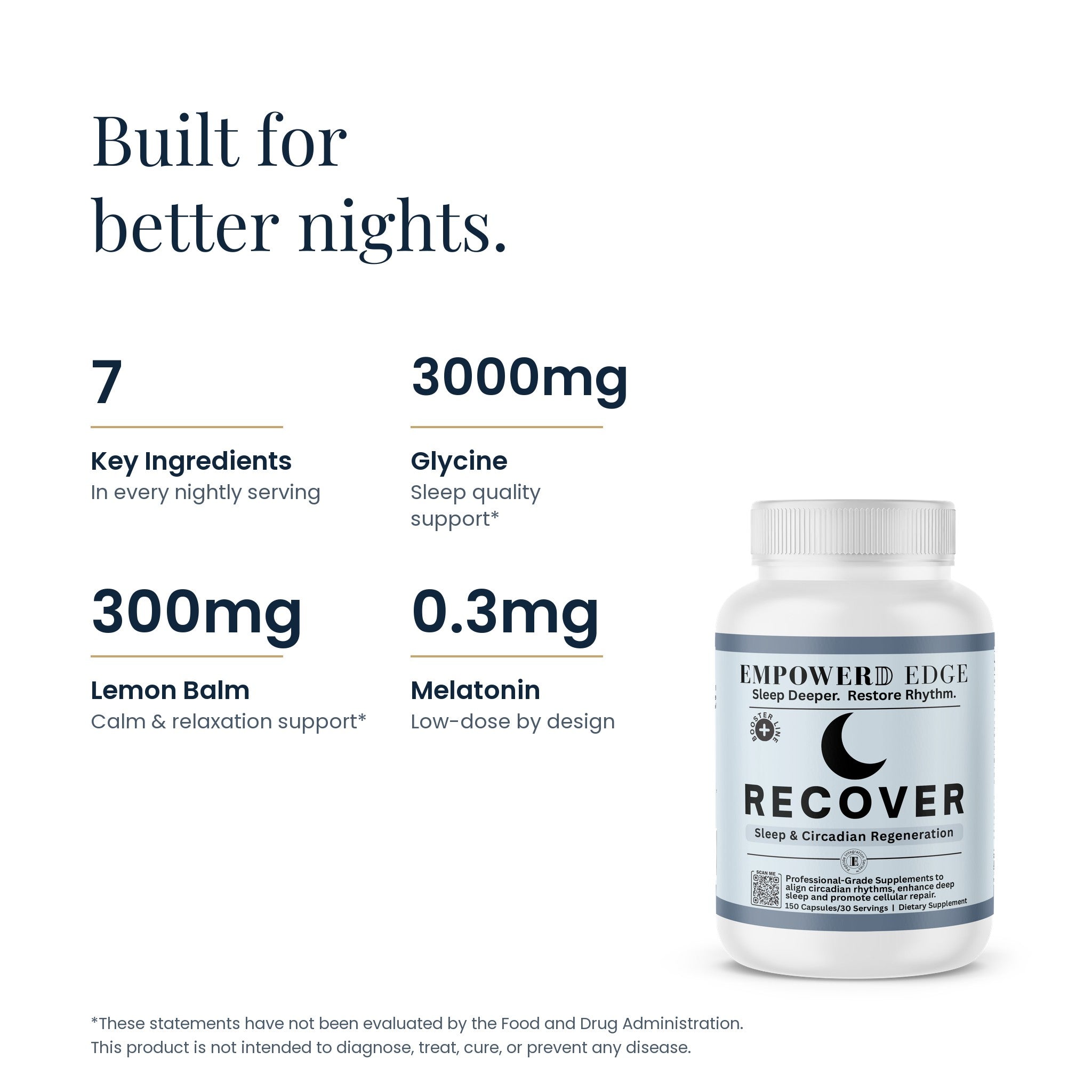 RECOVER label facts: 7 key ingredients, 3000mg Glycine, 300mg Lemon Balm, 0.3mg Melatonin