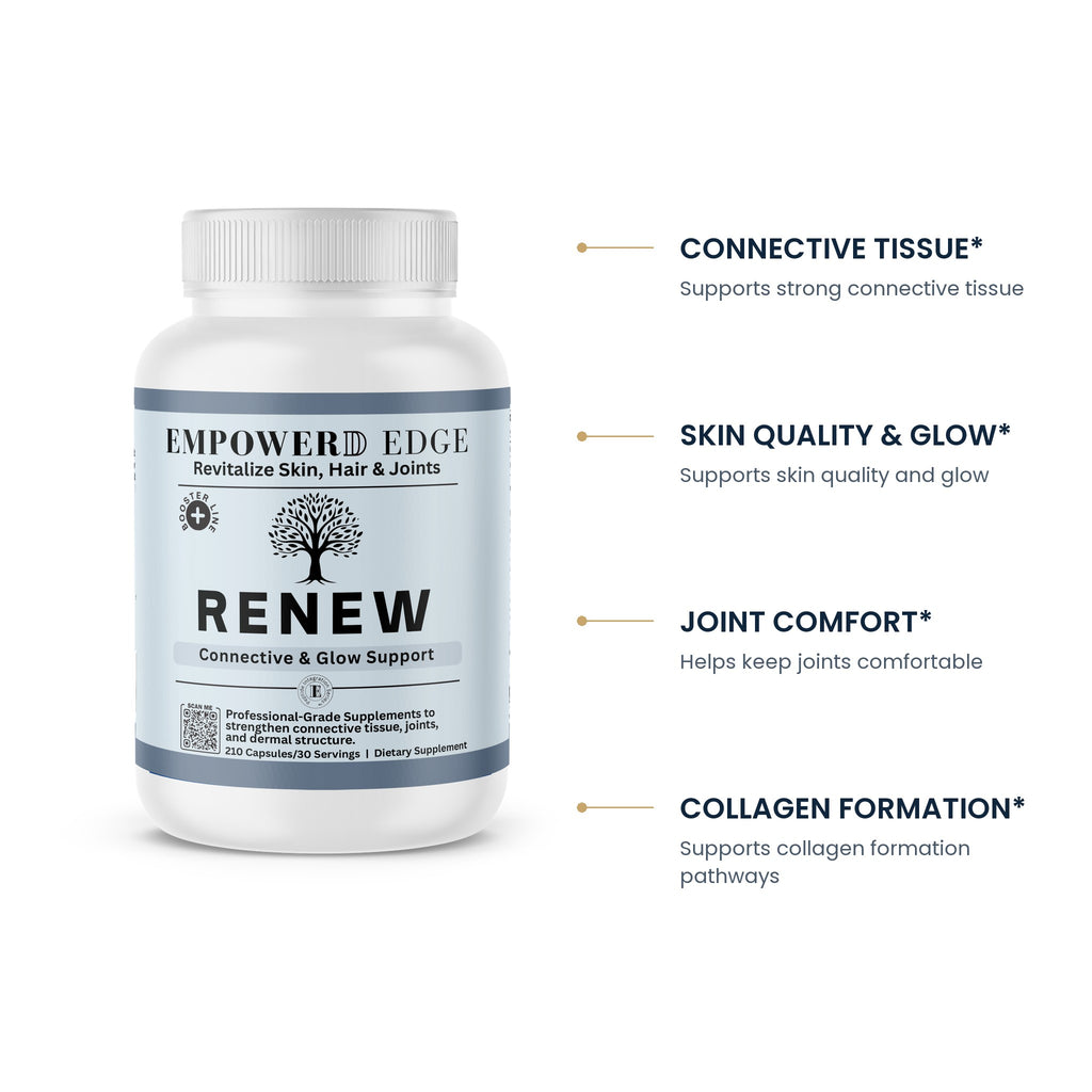 RENEW key benefits: connective tissue, skin quality and glow, joint comfort, collagen formation