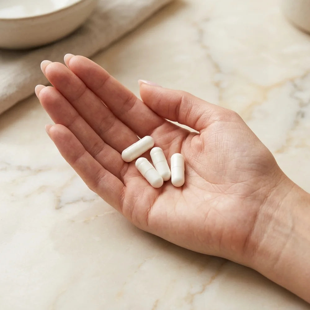 3 RENEW capsules held in a woman's hand