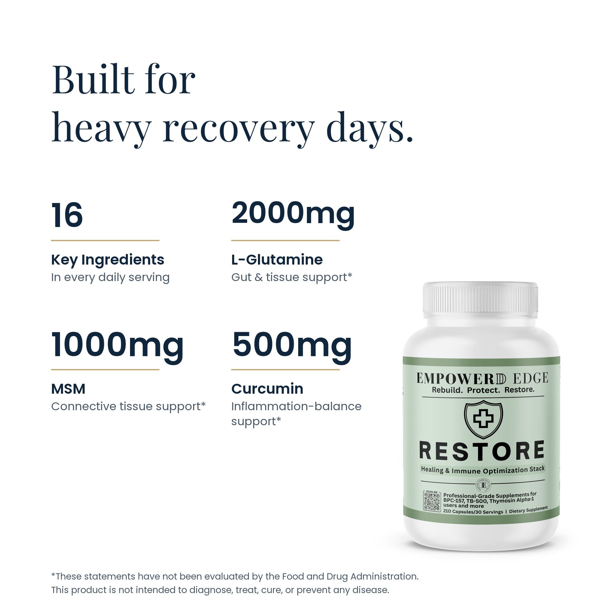 RESTORE label facts: 16 key ingredients, 2000mg L-Glutamine, 1000mg MSM, 500mg Curcumin