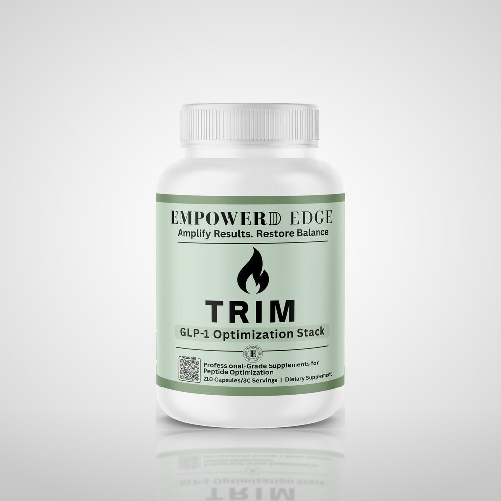 TRIM bottle on deep white studio background